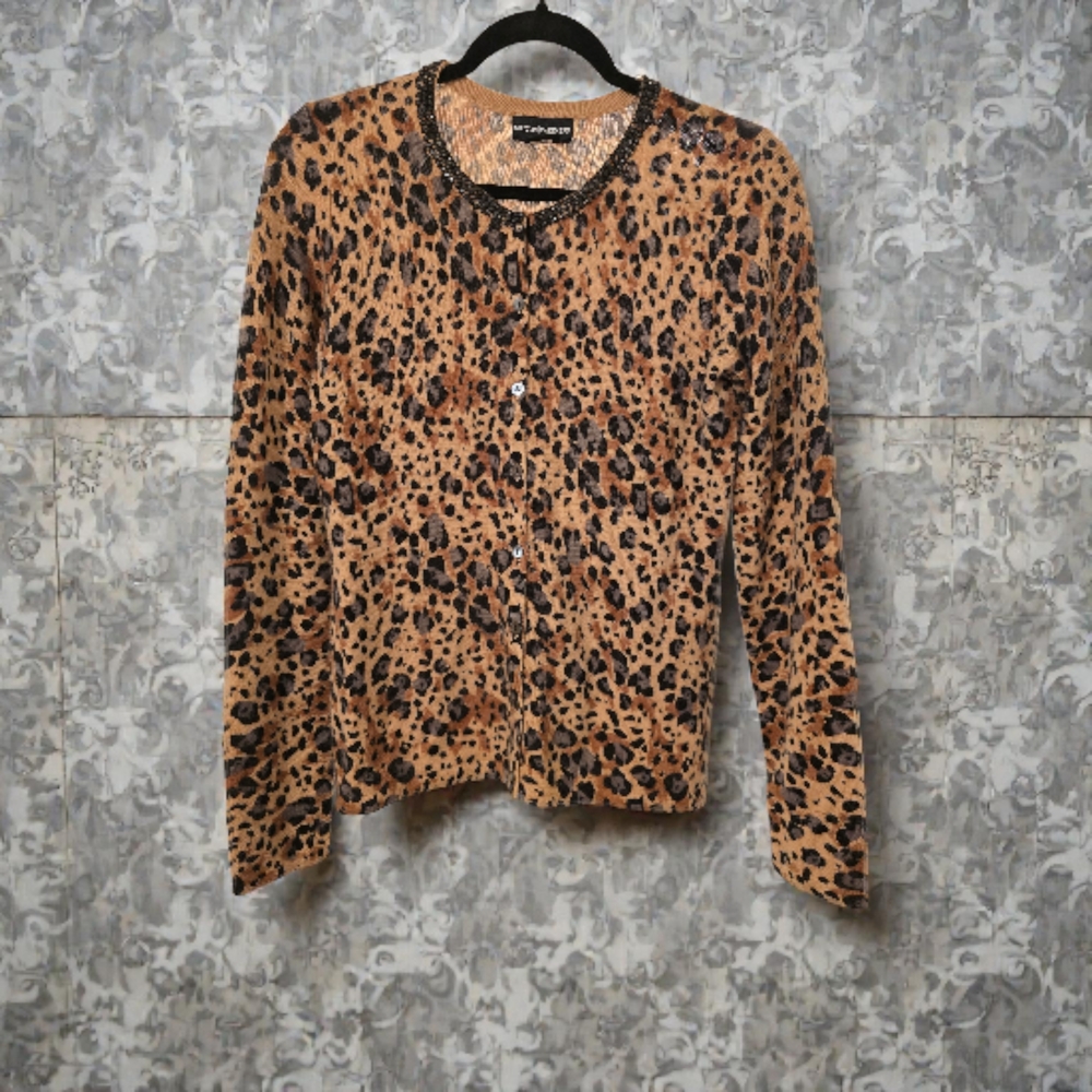 Sutton Cashmere Leopard Print Cardigan in Tan and Black